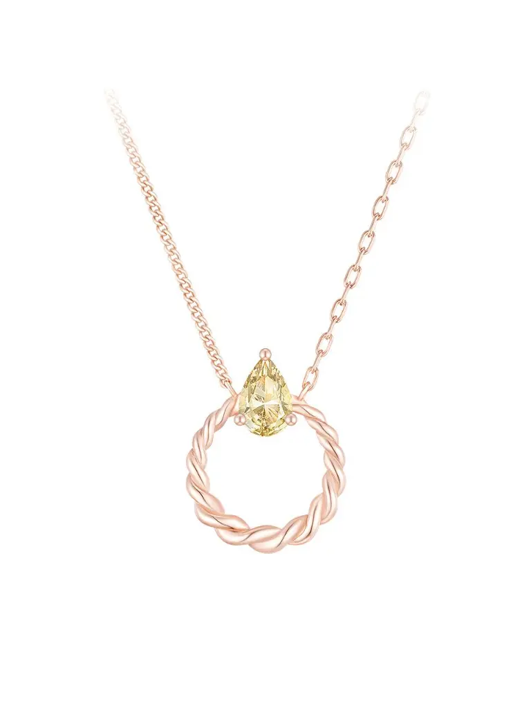 Twisted Open Circle Pear-Shaped Yellow CZ Asymmetrical Chain Necklace (316L Stainless Steel)