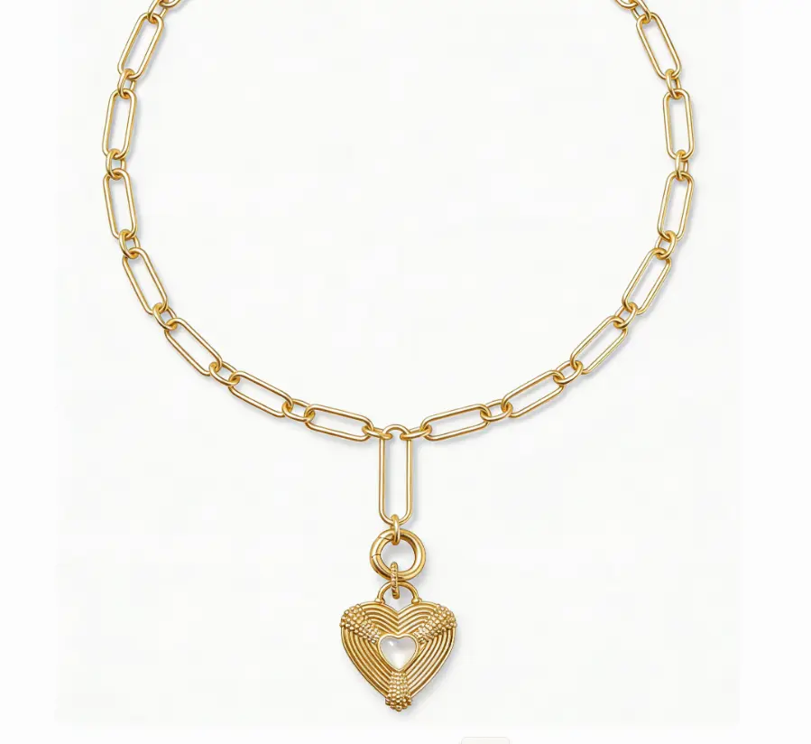Vintage Textured Heart Mother-of-Pearl Paperclip Chain Necklace (316L Stainless Steel)