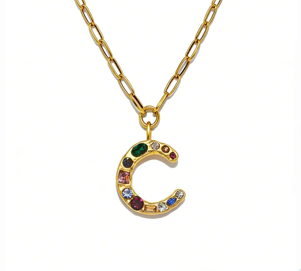 Multi-Stone Initial "C" Paperclip Chain Necklace (316L Stainless Steel)