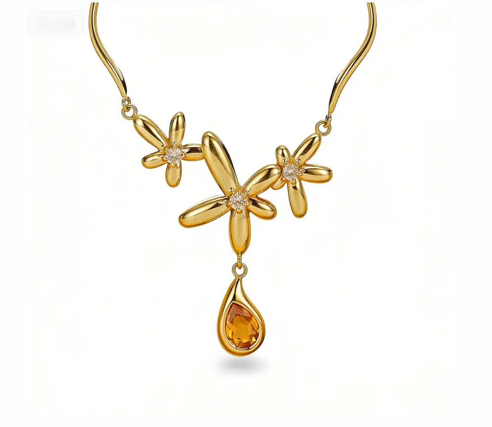 Floral Teardrop Citrine CZ Torque Necklace (316L Stainless Steel)