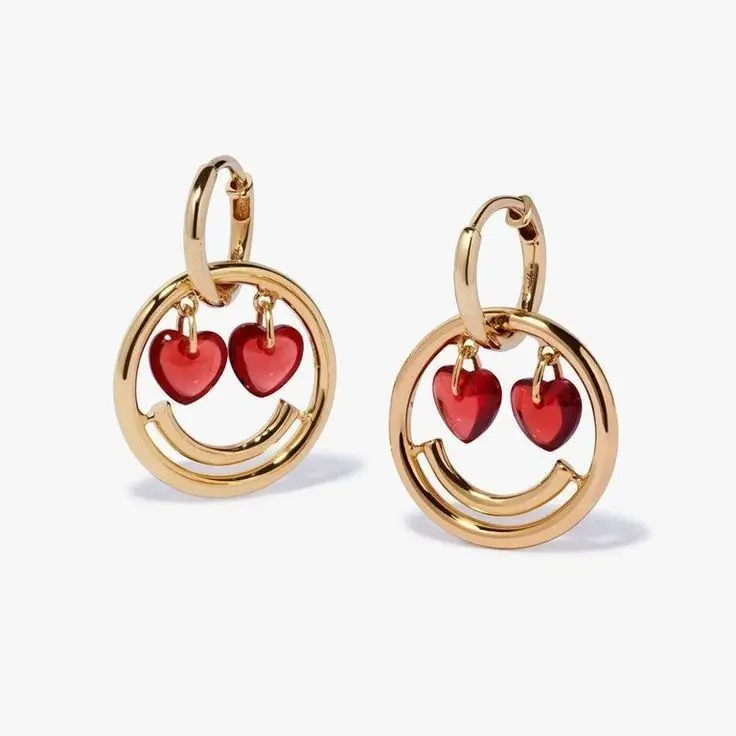 Smiley Face Red Heart Charm Hoop Earrings (316L Stainless Steel)