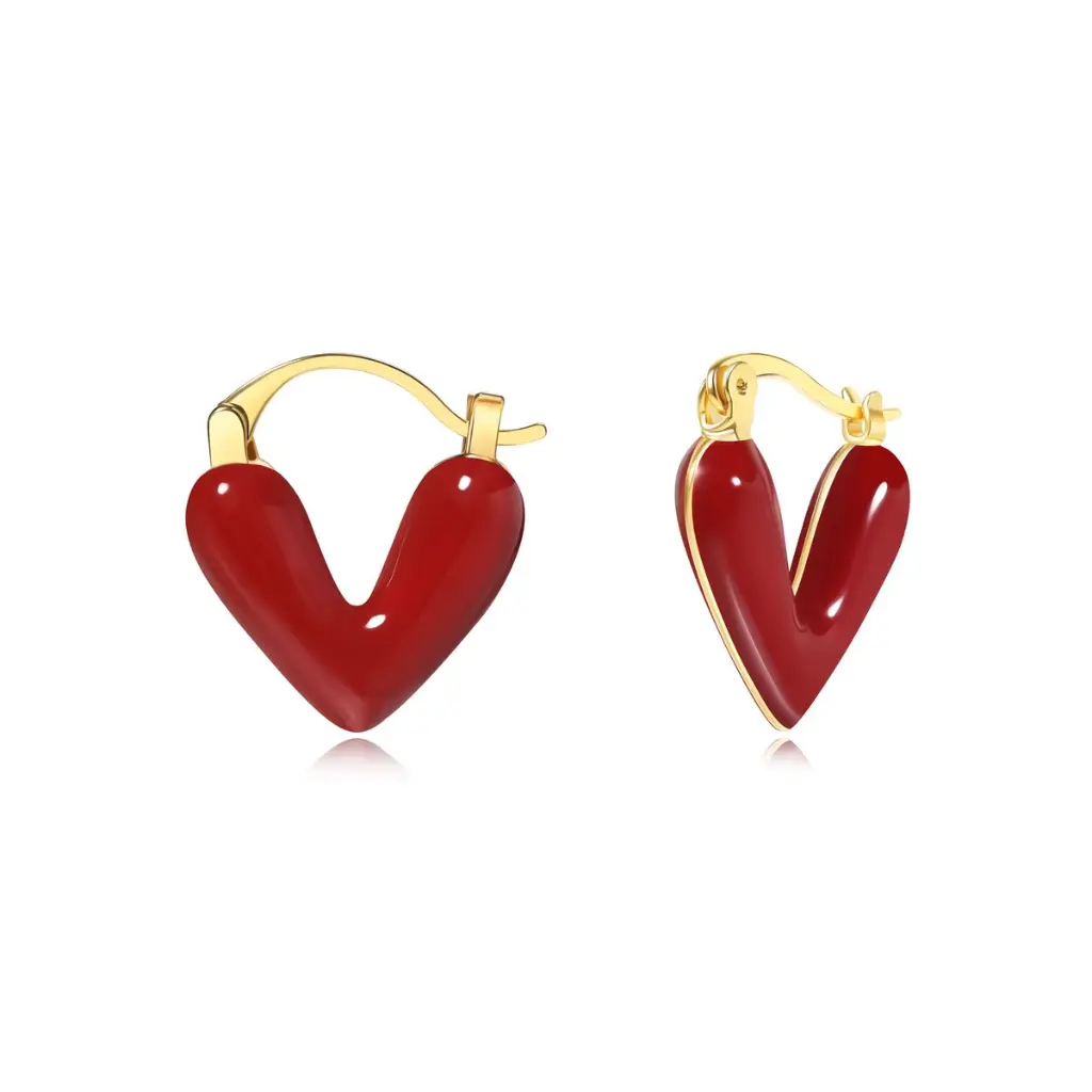 Red Enamel Puffy Heart Drop Earrings (316L Stainless Steel)