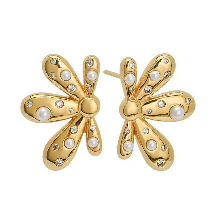 Pearl & CZ Floral Stud Earrings (316L Stainless Steel)