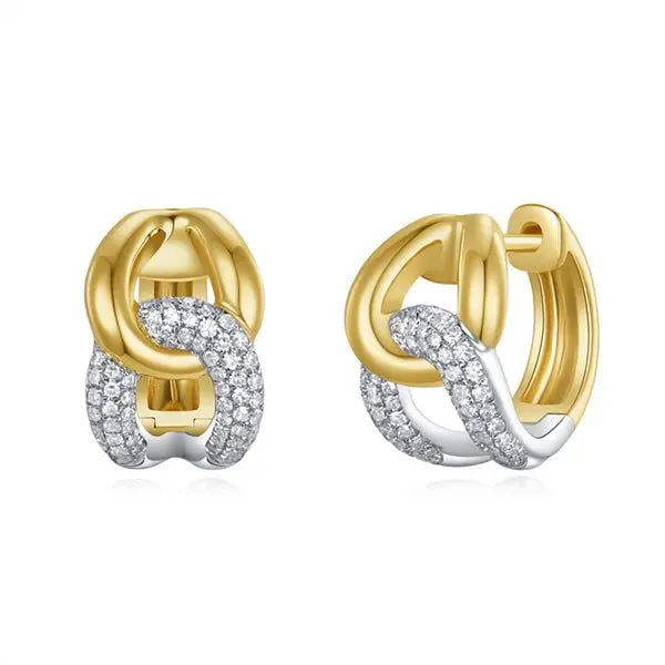 Two-Tone Pave Link Huggie Hoop Earrings (316L Stainless Steel)