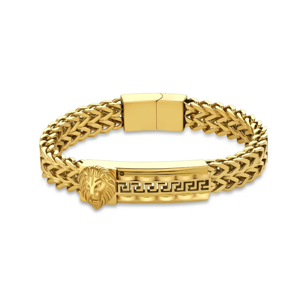 Lion Head Greek Key Wheat Chain Bracelet (316L Stainless Steel)
