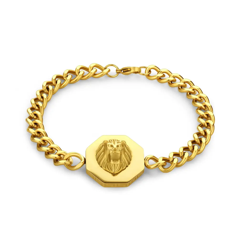 Lion Head Hexagonal Medallion Curb Chain Bracelet (316L Stainless Steel)
