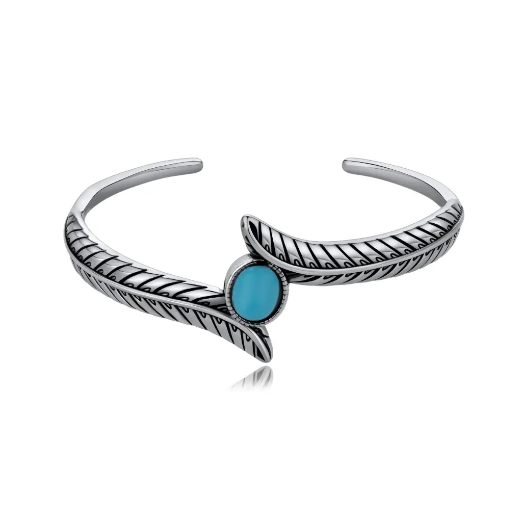 Turquoise Feather Cuff Bracelet (316L Stainless Steel)