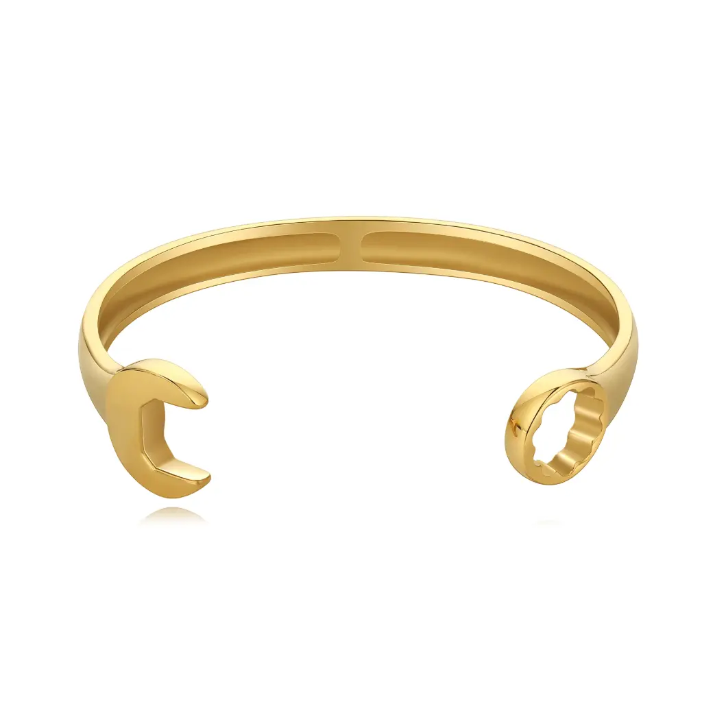 Wrench & Nut Motif Gold Open Cuff Bracelet (316L Stainless Steel)