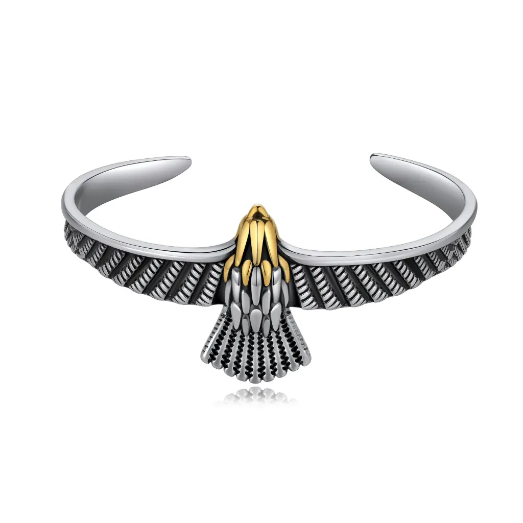 Two-Tone Eagle Feather Open Cuff Bracelet (316L Stainless Steel)