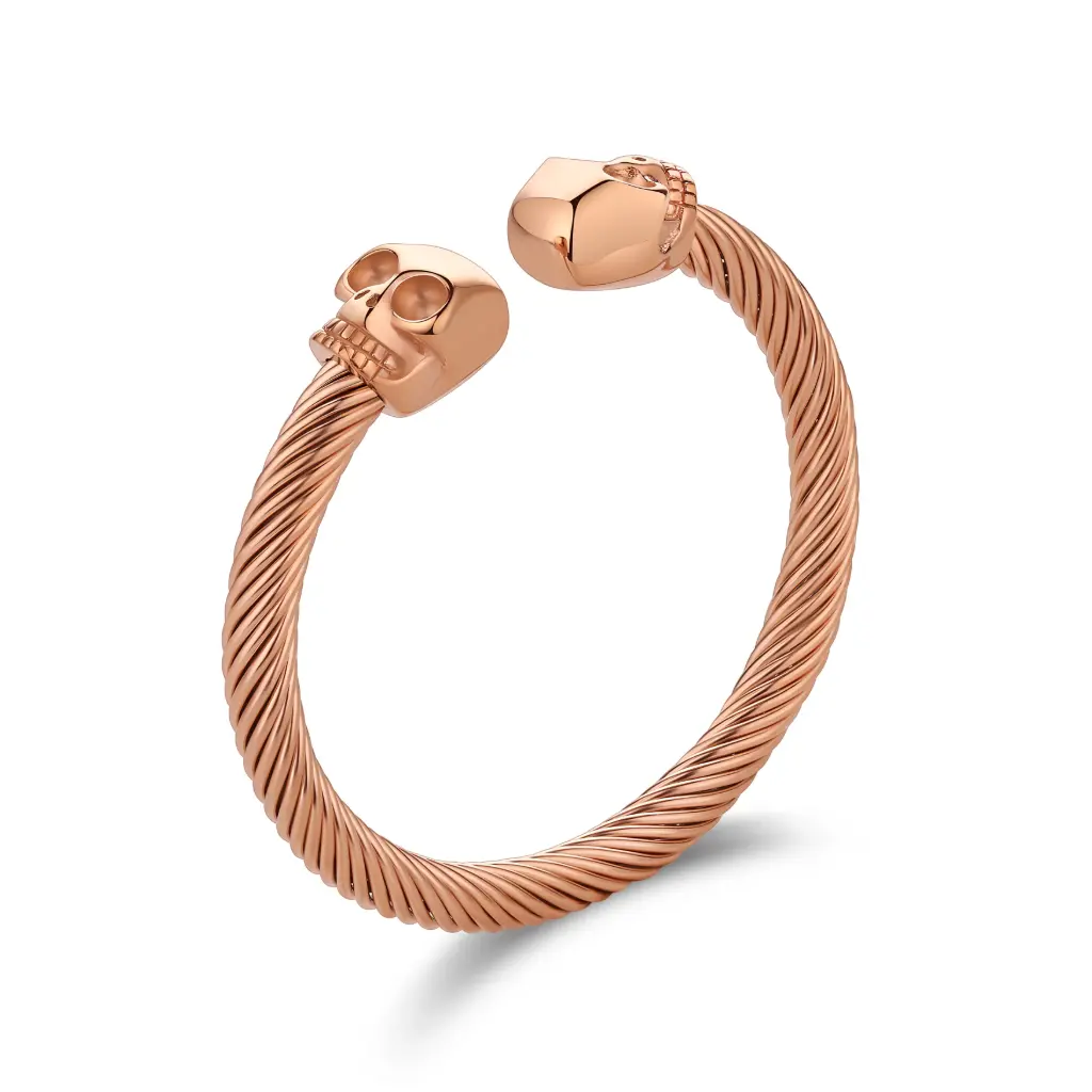 Rose Gold Skull Twisted Cable Open Cuff Bracelet (316L Stainless Steel)