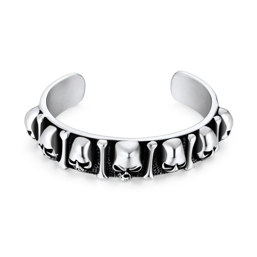 Skull & Bone Antiqued Silver Open Cuff Bracelet (316L Stainless Steel)