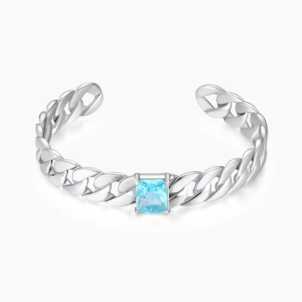 Cuban Link Open Cuff Bracelet with Aquamarine Crystal (316L Stainless Steel)