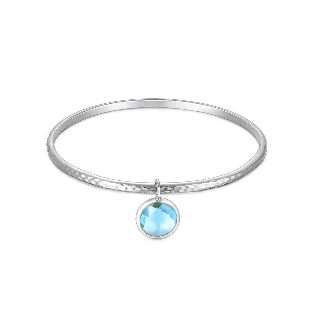 Hammered Silver Bangle with Aquamarine Charm (316L Stainless Steel)