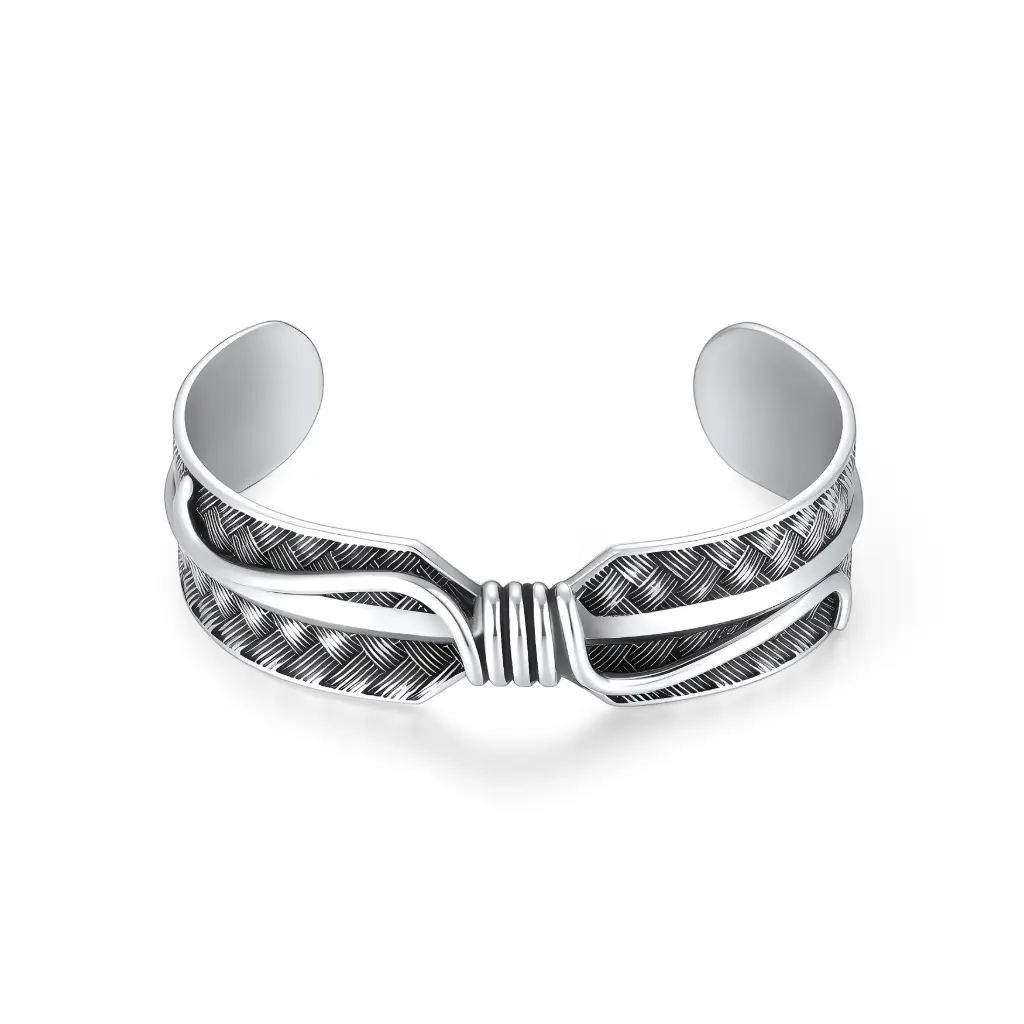Woven Bow Antique Silver Open Cuff Bracelet (316L Stainless Steel)