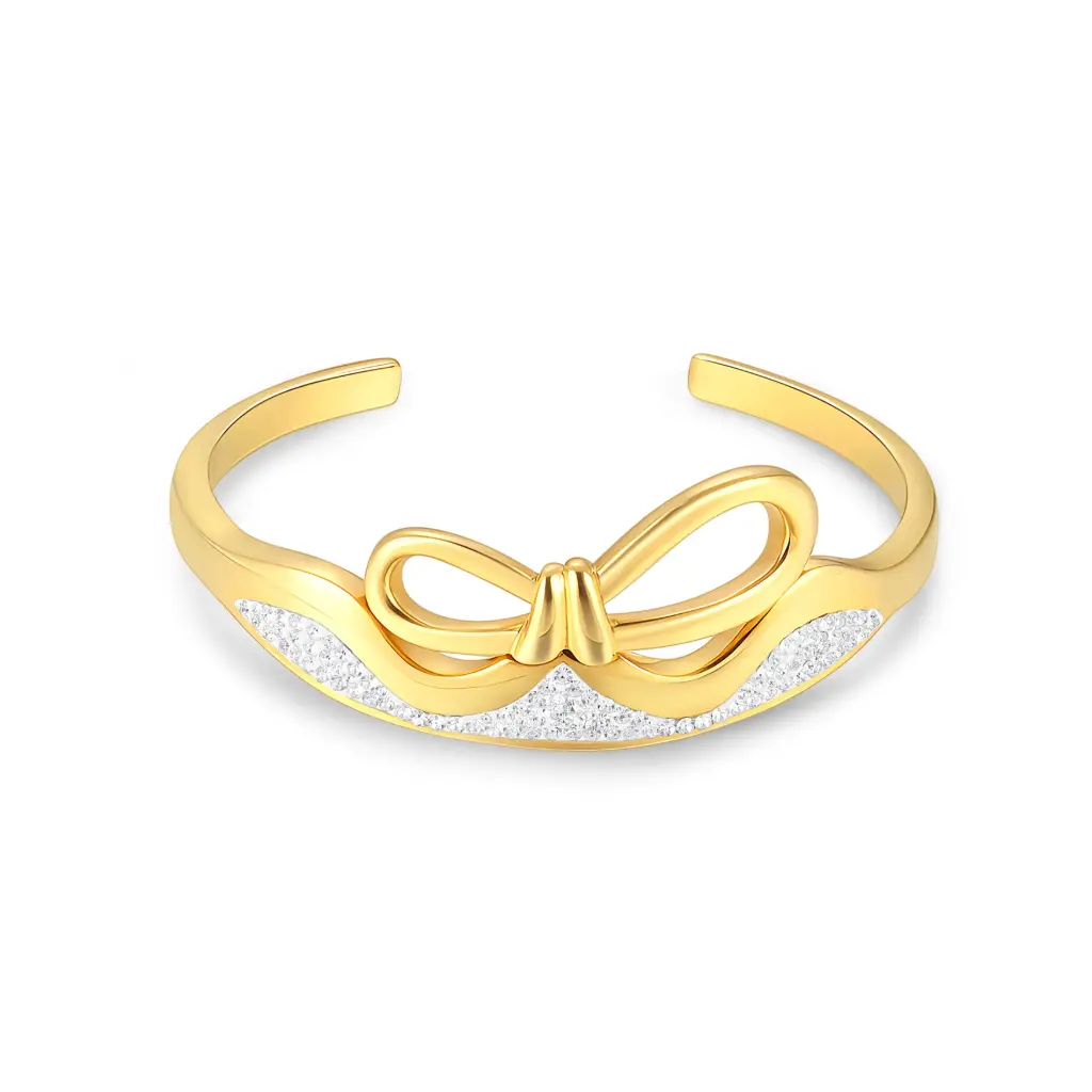 Crystal-Embellished Bow Open Cuff Bracelet (316L Stainless Steel)