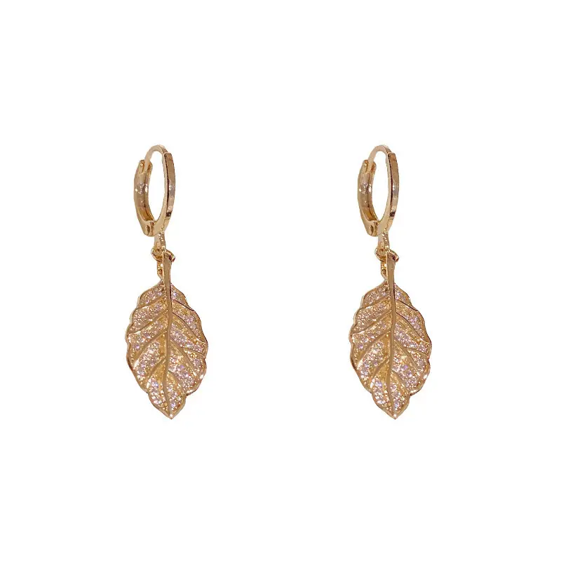 Crystal-Encrusted Leaf Drop Huggie Earrings (316L Stainless Steel)