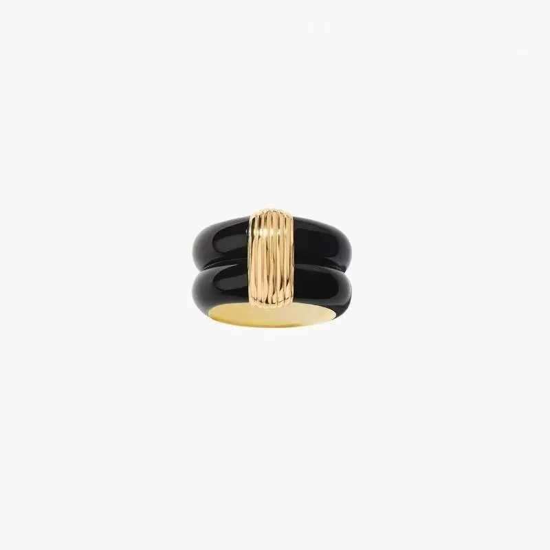 Black Enamel & Gold Ribbed Statement Ring (Brass)