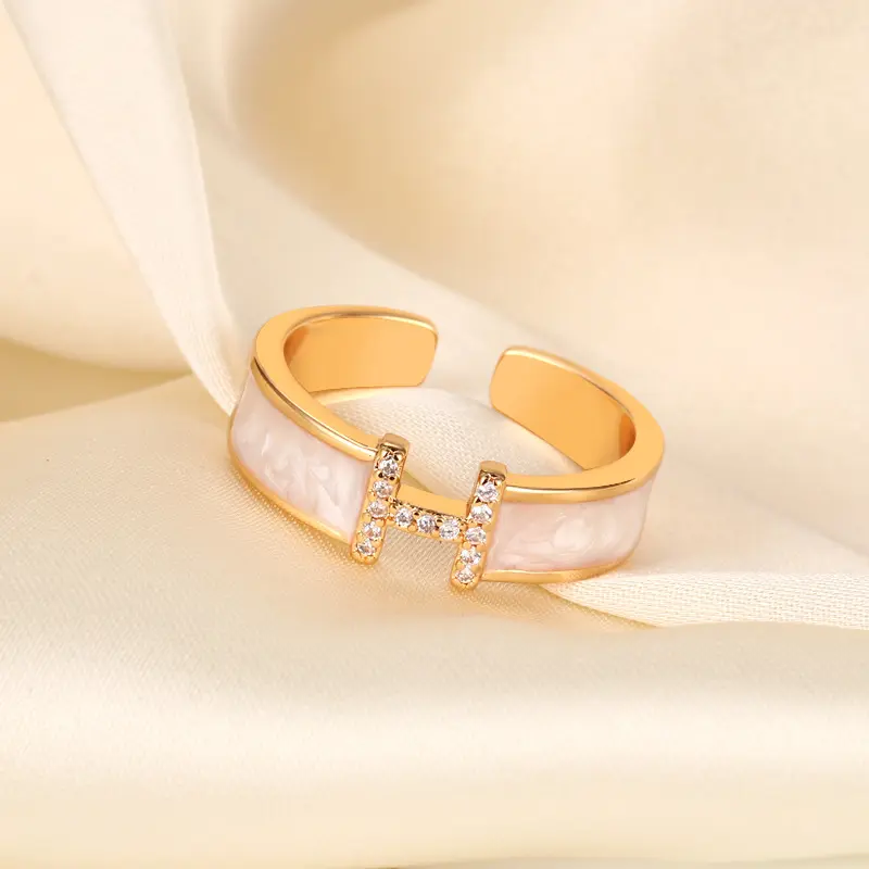 H-Shape Enamel & CZ Open Cuff Ring (Brass)