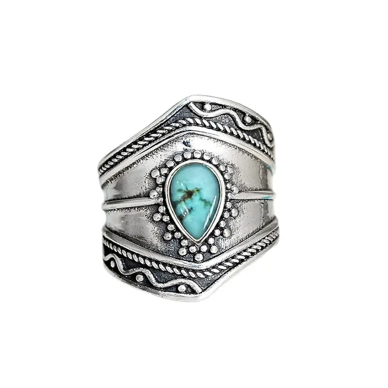 Boho Turquoise Tribal Wide Band Ring (Brass)