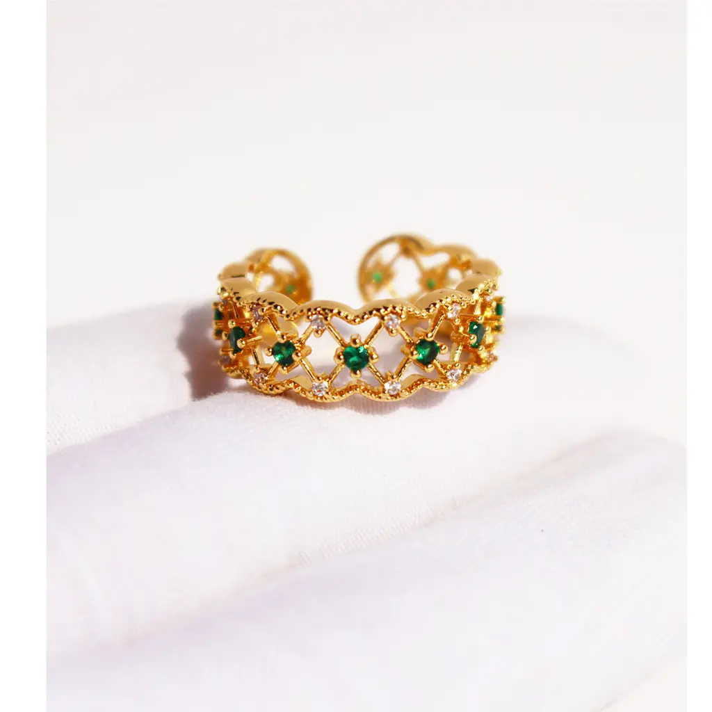 Lattice Emerald & CZ Open Cuff Ring (Brass)