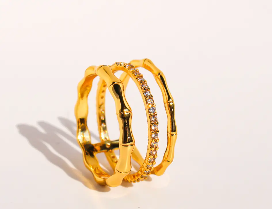 Triple-Band Bamboo & CZ Statement Ring (Brass)