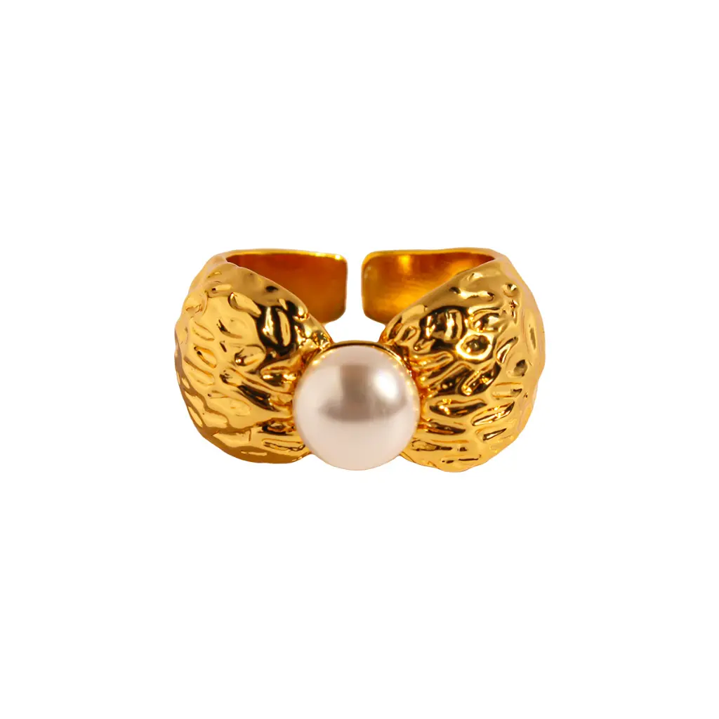 Hammered Pearl Open Cuff Ring (Brass)