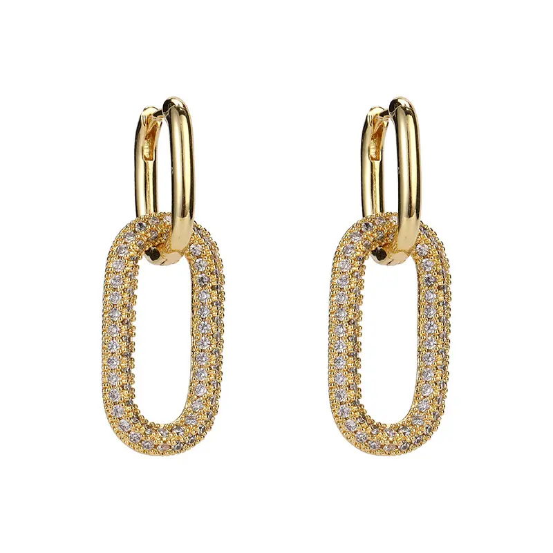 Double Link Full Pave CZ Drop Hoop Earrings (Brass)