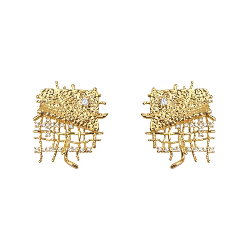 Irregular Mesh Hammered Metal CZ Stud Earrings (Brass)