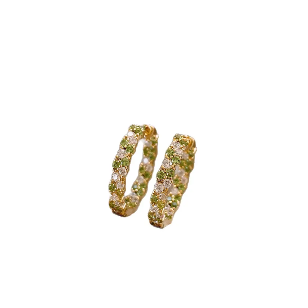 Two-Tone Green & Clear CZ Pave Huggie Hoop Earrings (Brass)