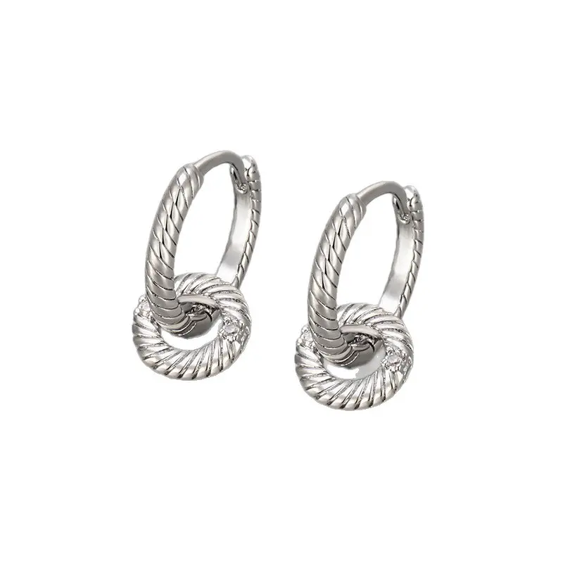 Twisted Double Link CZ Drop Hoop Earrings (Brass)