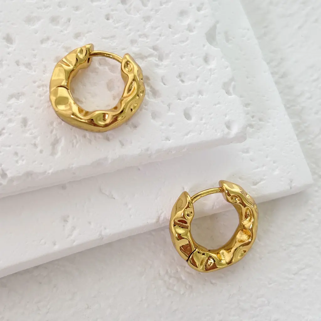 Hammered Irregular Textured Huggie Earrings (Brass)