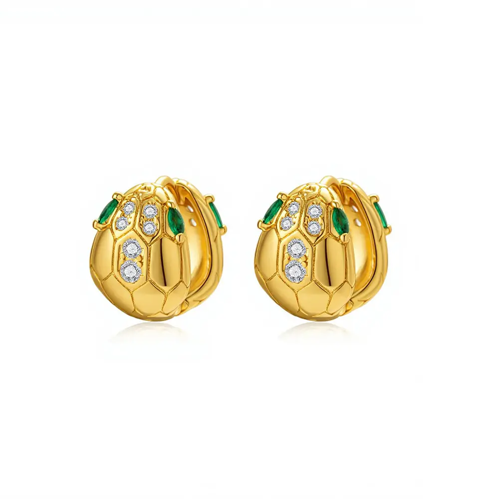 Snake Scale Emerald & White CZ Huggie Earrings (Brass)
