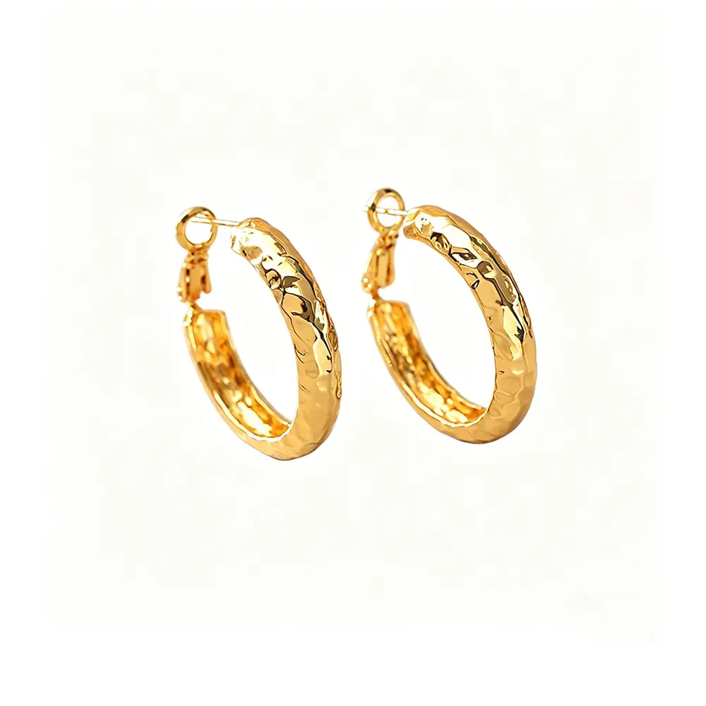 Hammered Concave Textured Gold Hoop Clip Earrings (Brass)