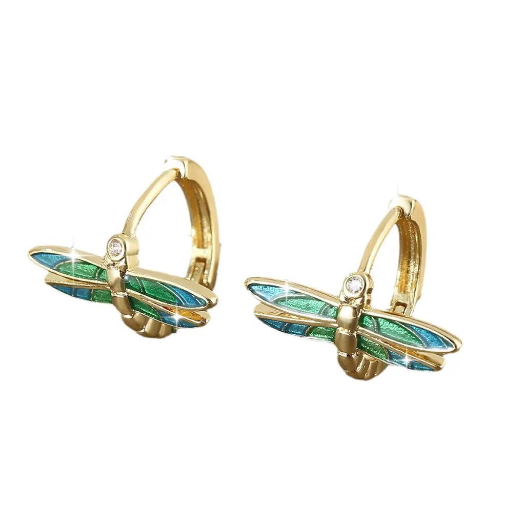 Dragonfly Enamel & CZ Huggie Earrings (Brass)