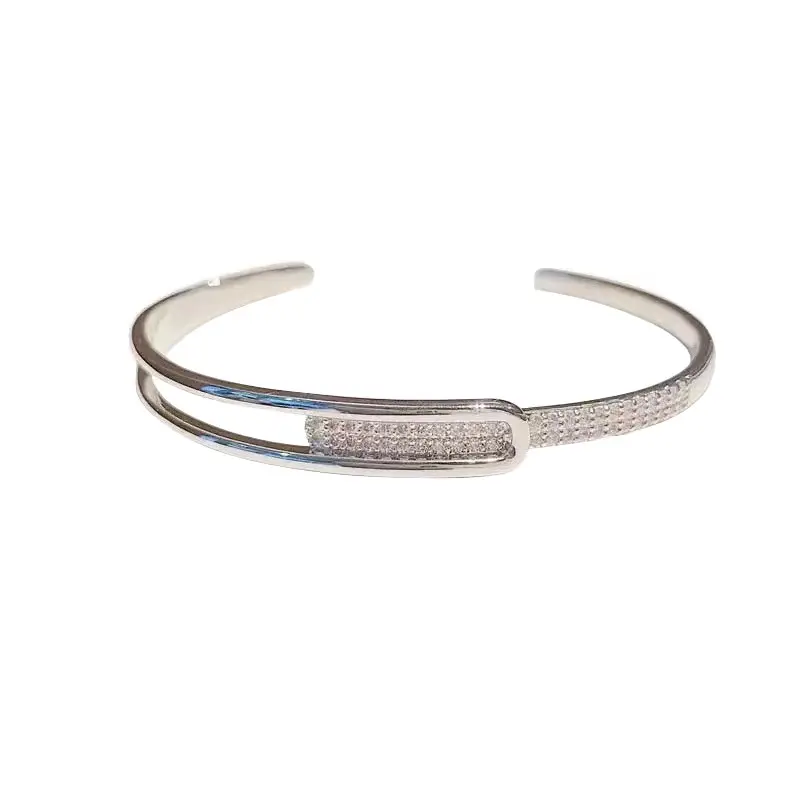 Sliding Pavé CZ Double-Bar Open Cuff Bangle (Brass)