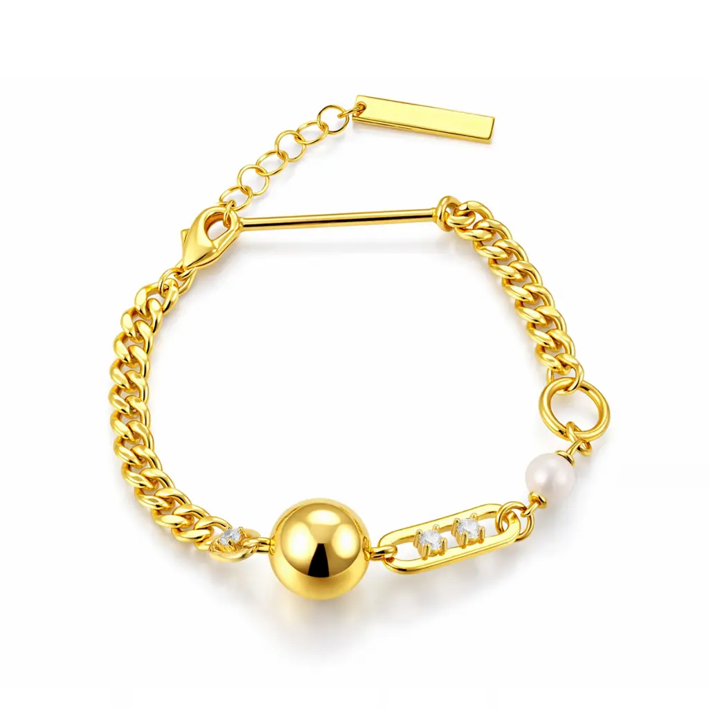 Mixed-Link Pearl & CZ Accent Gold Bracelet (Brass)