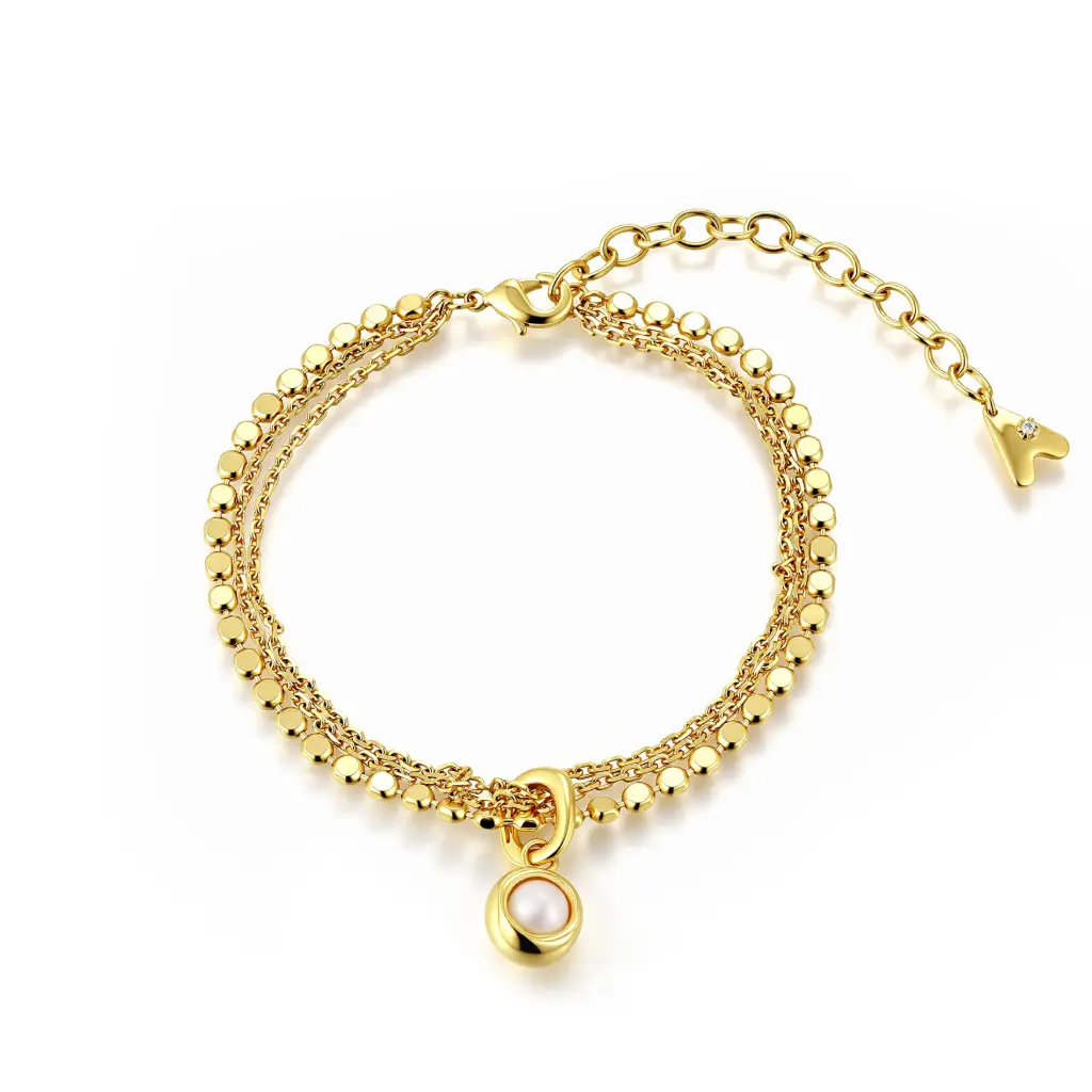 Double-Layer Beaded Chain Pearl Charm Bracelet (Brass)
