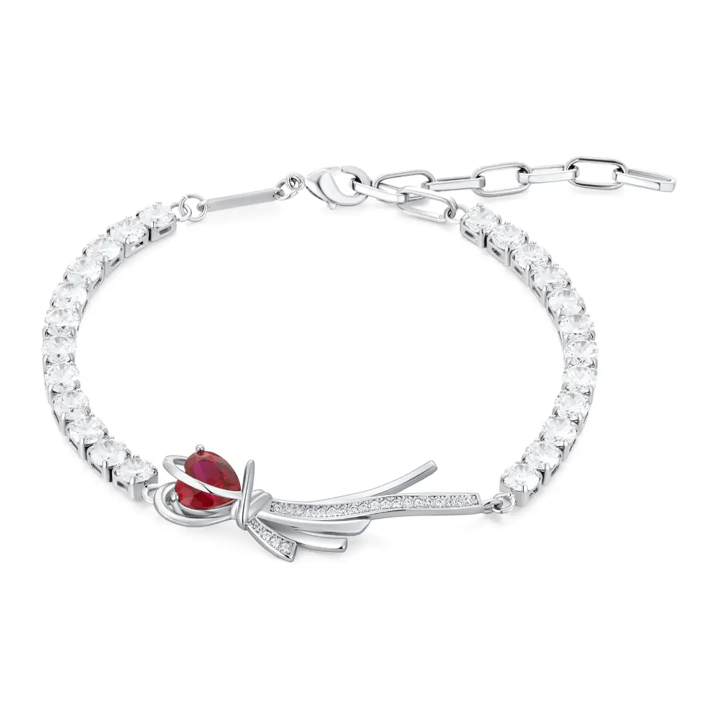 Bow Ribbon Ruby Heart Tennis Adjustable Bracelet (Brass)