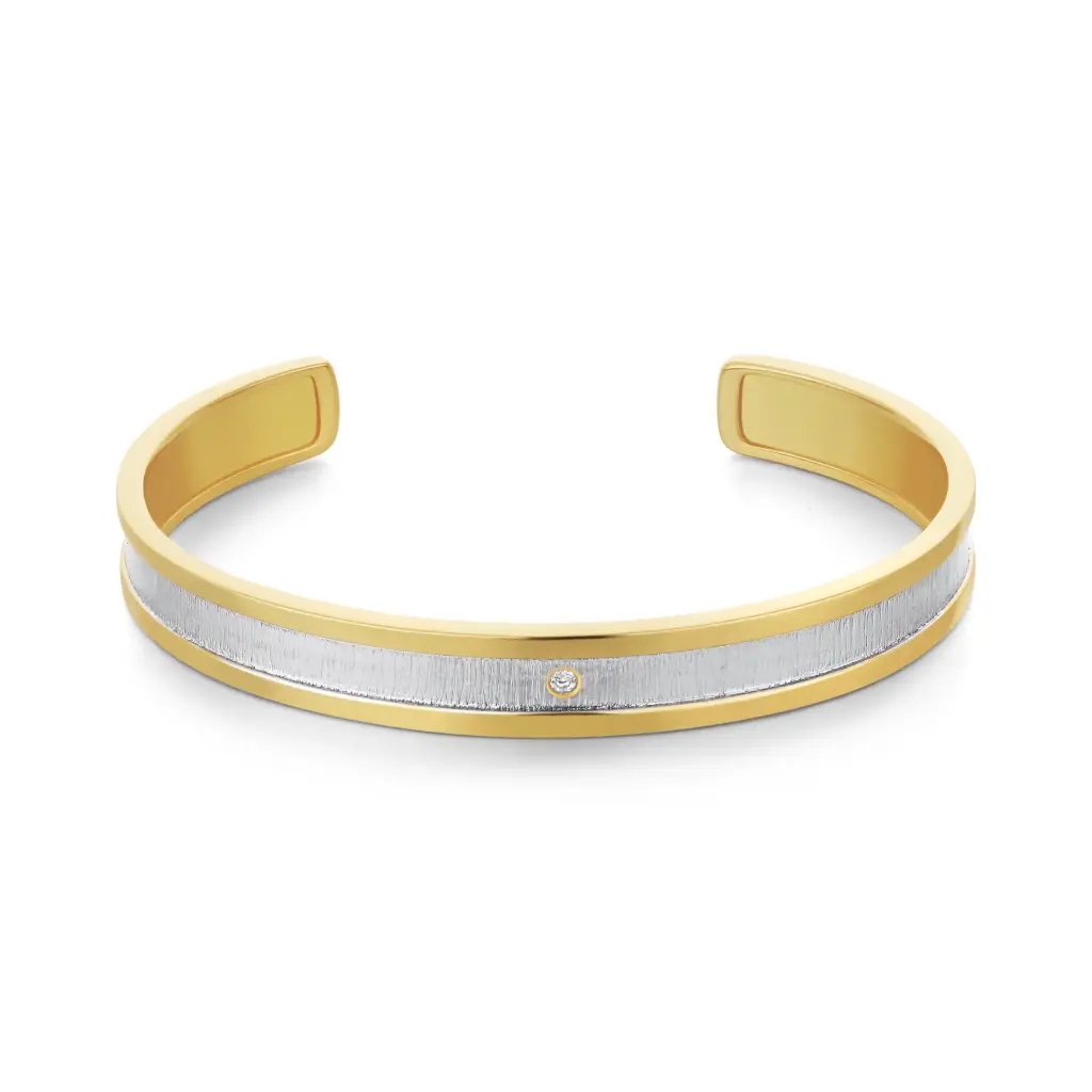 Two-Tone Brushed Inlay Single CZ Open Cuff Bangle (Brass)