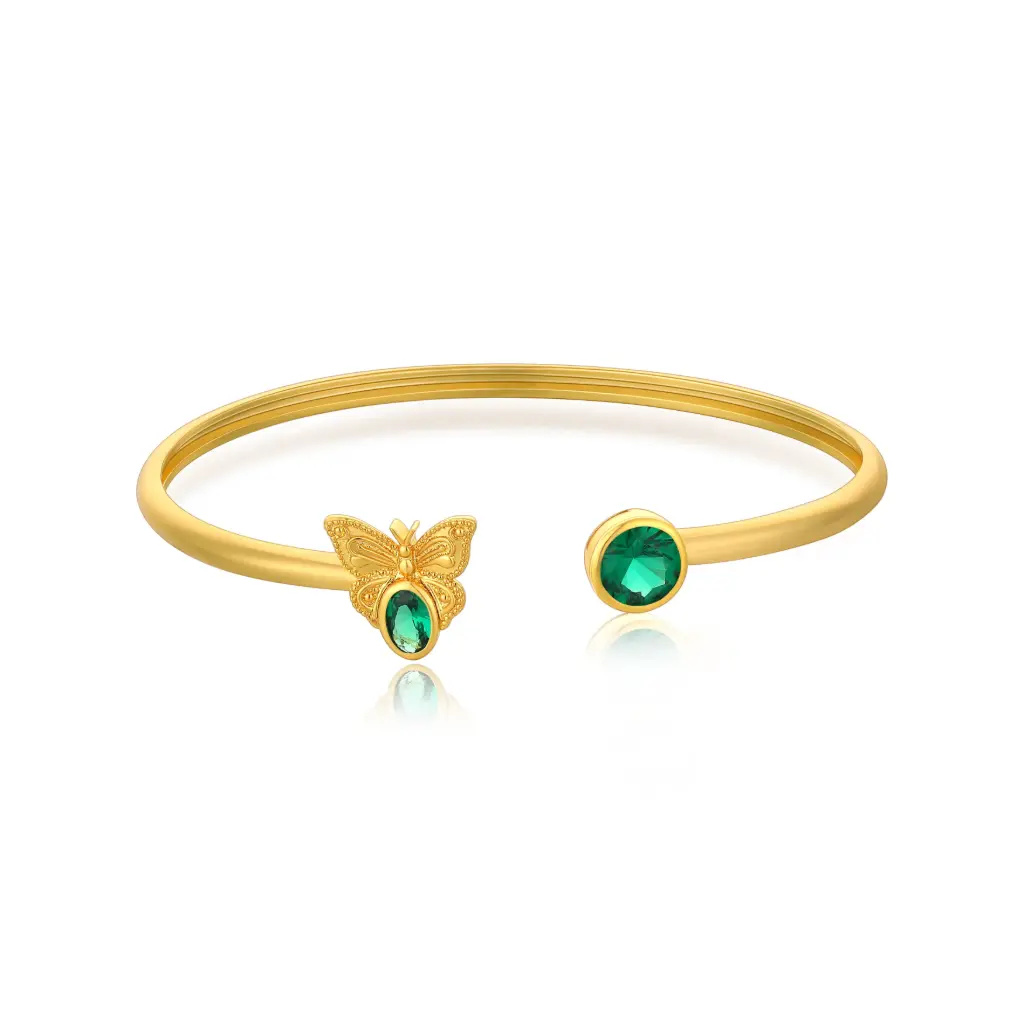 Embossed Butterfly Emerald Open Cuff Bangle (Brass) 