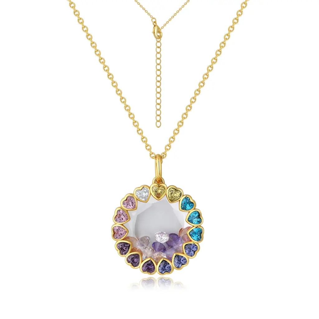 Rainbow Heart Wreath Quicksand Pendant Adjustable Necklace (925 Sterling Silver Base 18K Gold Plated)