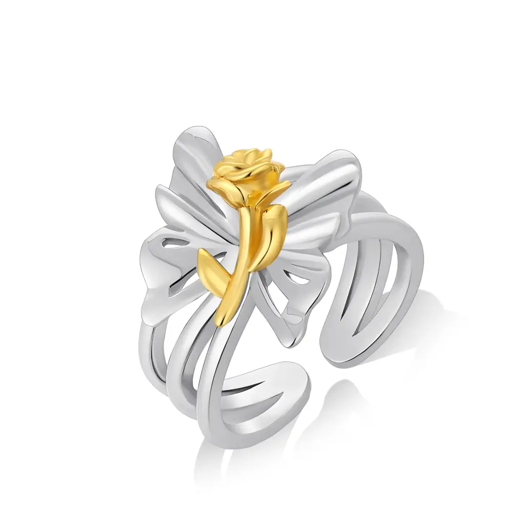 Two-Tone Bow & 3D Rose Open Adjustable Ring (925 Sterling Silver Base Dual Plating)