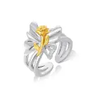 Two-Tone Bow & 3D Rose Open Adjustable Ring (925 Sterling Silver Base Dual Plating)