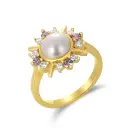 Sun Halo Round Pearl Mixed Pink & Clear CZ Ring (925 Sterling Silver Base 18K Gold Plated)