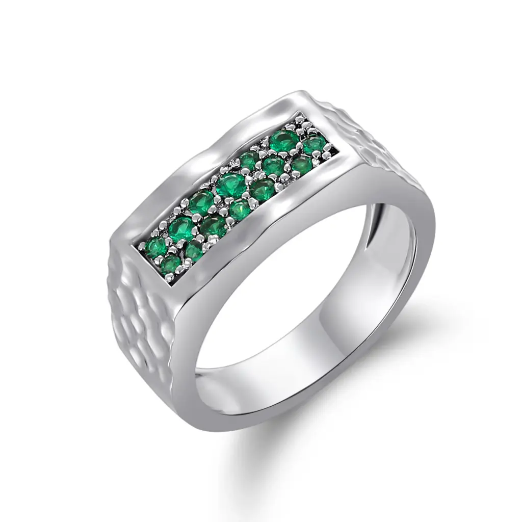 Hammered Textured Rectangular Emerald‑Green CZ Wide Band Ring (925 Sterling Silver Base Rhodium Plated)