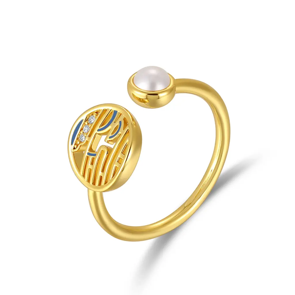 Chinese Fu‑Character Enamel Pearl Open Band Ring (925 Sterling Silver Base 18K Gold Plated)