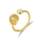 Chinese Fu‑Character Enamel Pearl Open Band Ring (925 Sterling Silver Base 18K Gold Plated)