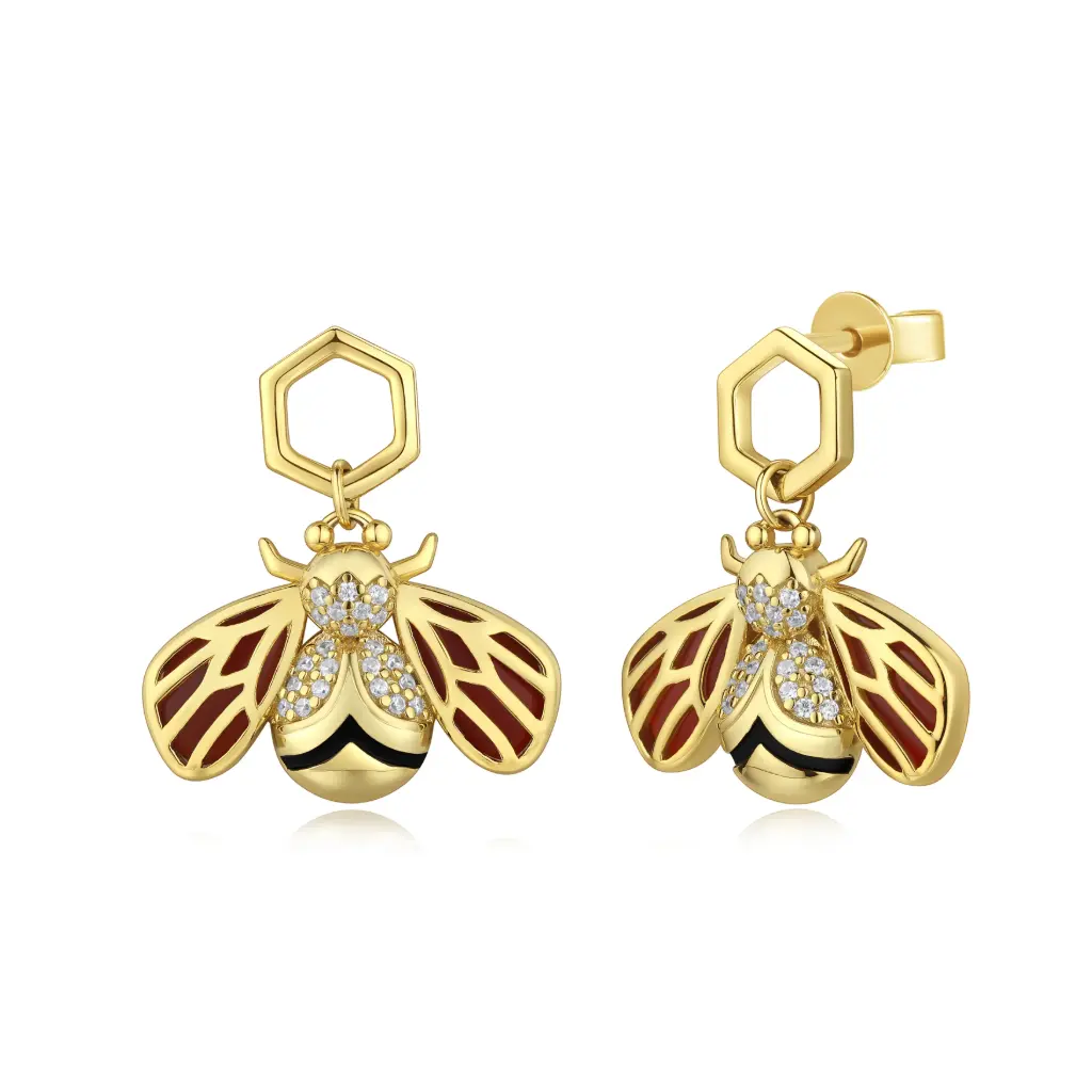 Honey Bee Hexagon Dangle Stud Earrings (925 Sterling Silver Base 18K Gold Plated)