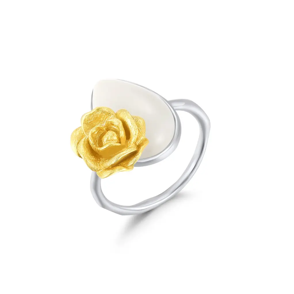 Two‑Tone Gold Rose & White Heart Stone Open Ring (925 Sterling Silver Base)