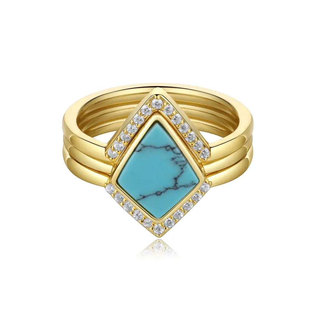 Rhombus Turquoise Stackable 3‑In‑1 Ring Set (925 Sterling Silver Base 18K Gold Plated)